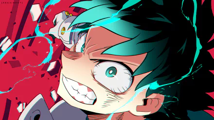 HD desktop wallpaper featuring Izuku Midoriya from the anime My Hero Academia, showing a close-up of his intense and determined expression with lightning effects around him.