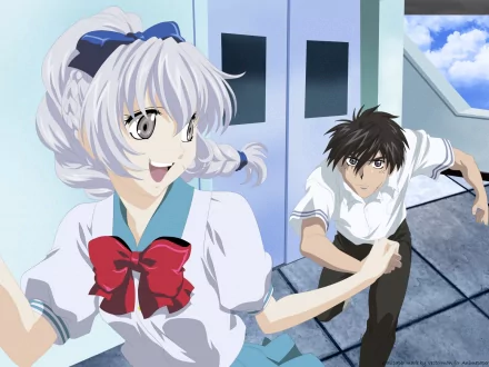 Anime scene from Full Metal Panic! featuring a cheerful girl with white hair and a red bow running alongside a determined boy, set against a bright, open background. HD wallpaper design.