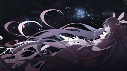 HD PC desktop wallpaper of Columbina from Genshin Impact, the video game character reclining as long ribbons flow against a starry, cosmic night sky.