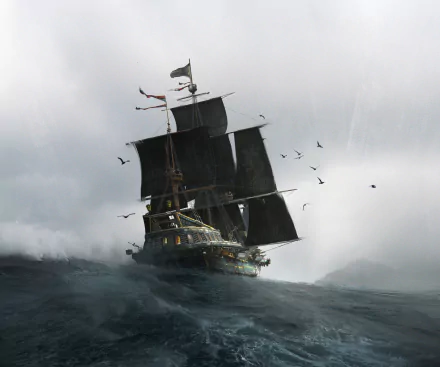 HD PC desktop wallpaper featuring a ship from the movie The Sea Beast sailing through foggy, turbulent waters under dark skies with seagulls flying nearby.