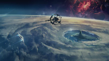 HD desktop wallpaper featuring space station and spaceships from The Cycle: Frontier game, with vibrant interstellar clouds and planet backdrop.