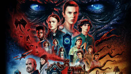 HD PC desktop wallpaper featuring the main cast of the TV show Stranger Things with dark, eerie background elements and the monstrous face looming above.