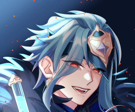 HD PC desktop wallpaper featuring Il Dottore from the video game Genshin Impact with striking blue hair and a confident expression.