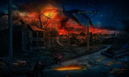 HD PC desktop wallpaper of the TV show Stranger Things: eerie Hawkins street at night, a glowing portal in the cracked road, red storm-lit sky, power lines and shadowy creatures near abandoned houses.