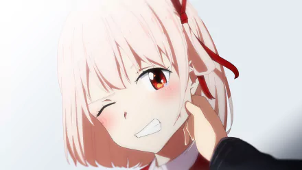 HD anime wallpaper featuring Chisato Nishikigi from Lycoris Recoil, showing her winking with a blush and a hand gently touching her cheek.