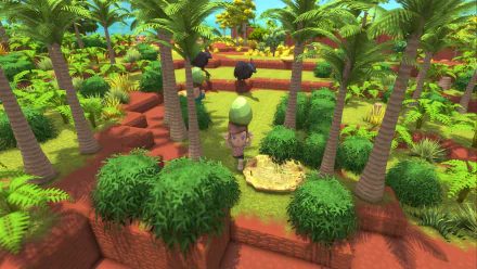 Dinkum game HD wallpaper featuring a character exploring a vibrant, tropical island environment with palm trees and lush greenery.