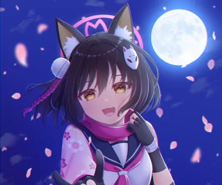 Kuda Izuna from the video game Blue Archive smiles under a full moon, fox ears and mask, pink scarf and falling cherry petals — HD PC desktop wallpaper/background