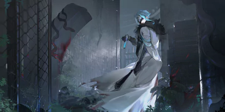 Il Dottore from Genshin Impact stands in a dark, ruined setting with glowing blue hair and a flowing coat, featured in a high-definition PC desktop wallpaper.