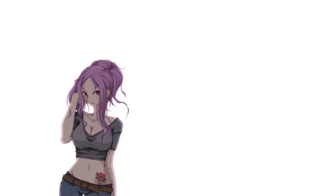 Eureka Seven anime HD PC desktop wallpaper: purple-haired girl in a cropped top and jeans, hand to her hair, small belly tattoo, white background.