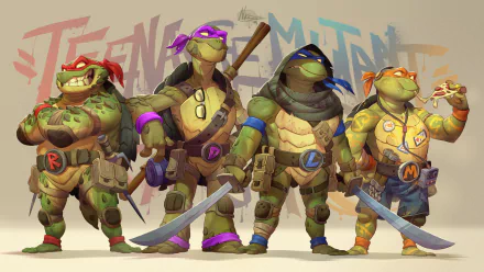 HD desktop wallpaper featuring the Teenage Mutant Ninja Turtles: Michelangelo, Raphael, Leonardo, and Donatello in a comic style.