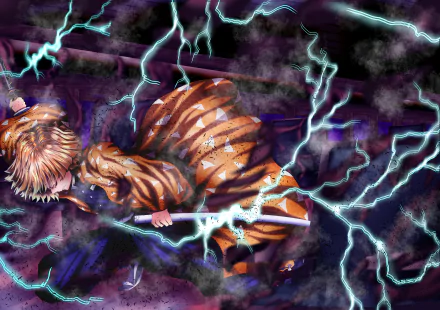 Zenitsu Agatsuma from Demon Slayer: Kimetsu no Yaiba strikes with electrified blade amid crackling blue lightning — high-contrast 4K Ultra HD anime PC desktop wallpaper.