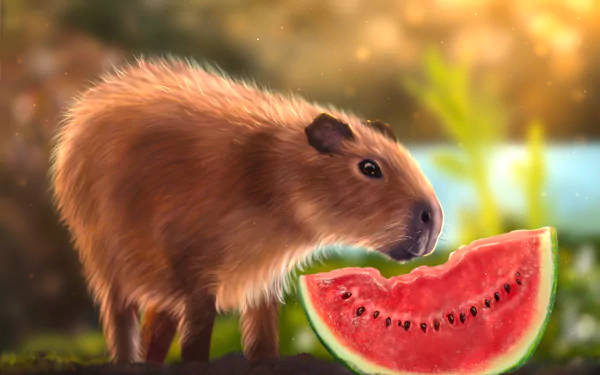 HD desktop wallpaper featuring a capybara closely inspecting a slice of watermelon with a soft, blurred natural background.