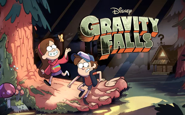 HD PC desktop wallpaper from the TV show Gravity Falls featuring siblings Dipper and Mabel Pines running through a moonlit forest toward the Mystery Shack.