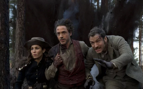 HD PC desktop wallpaper featuring characters from the movie Sherlock Holmes: A Game of Shadows in an intense forest scene.