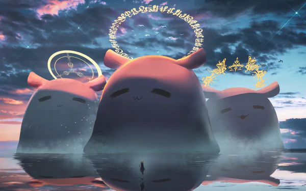 4K Ultra HD anime-style wallpaper featuring three serene, glowing Ninomae Ina'nis creatures from hololive's Virtual Youtuber series against a dramatic sky backdrop.