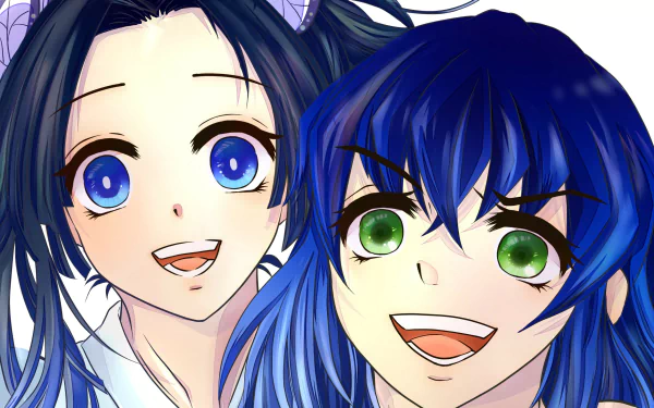 HD desktop wallpaper featuring anime characters Inosuke Hashibira and Aoi Kanzaki from Demon Slayer: Kimetsu no Yaiba with vibrant blue and green eyes.