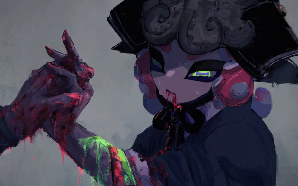 HD PC desktop wallpaper: DJ Octavio from the video game Splatoon, hooded tentacled antagonist with a glowing eye, hands smeared in red and neon green ink against a dark backdrop.