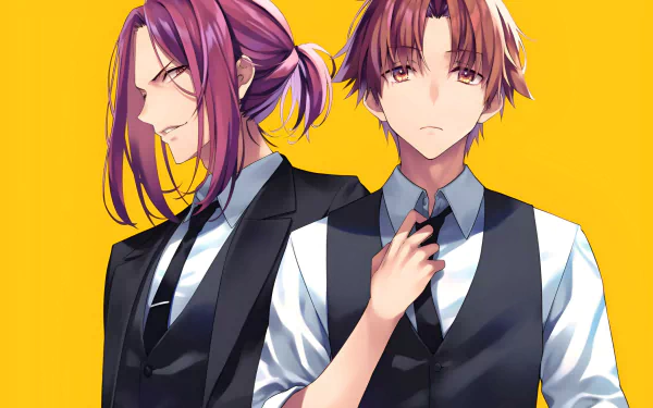 HD anime desktop wallpaper featuring Kakeru Ryūen and Kiyotaka Ayanokōji from Classroom of the Elite against a vibrant yellow background.