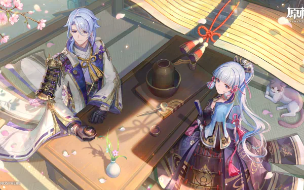 HD desktop wallpaper featuring Kamisato Ayato and Kamisato Ayaka from Genshin Impact, seated in a traditional Japanese setting. Sakura petals are scattered around, adding to the serene atmosphere.
