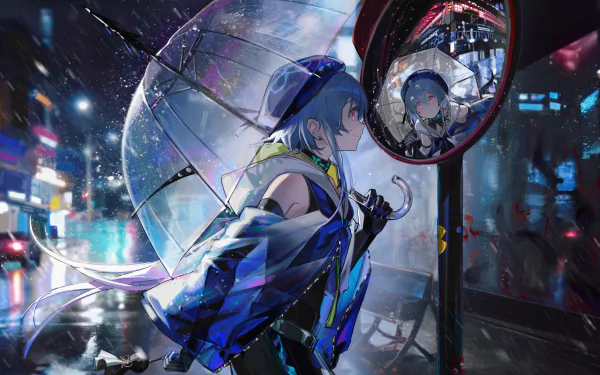 Mizuki (Arknights) beneath a clear umbrella in a neon, rain-soaked city, staring into a convex mirror — vivid HD PC desktop wallpaper/background from the Arknights video game.