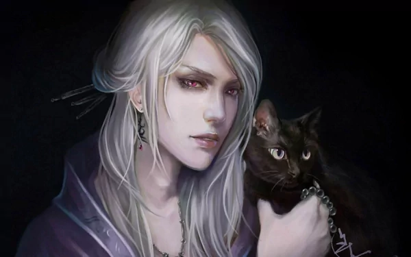 A fantasy-themed HD desktop wallpaper featuring a woman with long, silver hair holding a black cat against a dark background.