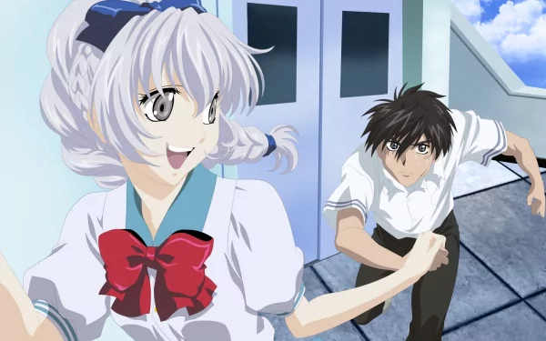 Anime scene from Full Metal Panic! featuring a cheerful girl with white hair and a red bow running alongside a determined boy, set against a bright, open background. HD wallpaper design.