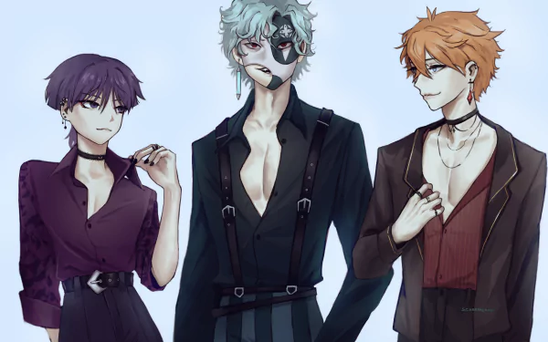 4K Ultra HD PC wallpaper of Genshin Impact characters Il Dottore, Tartaglia (Childe), and Scaramouche standing together in sleek, dark fashionable outfits.