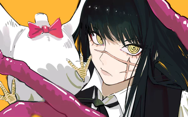 HD anime desktop wallpaper: Asa Mitaka as the War Devil from Chainsaw Man, dark-haired with yellow eyes, stitched cheek scars, clutching glossy pink tentacles.