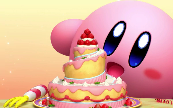 Colorful HD PC desktop wallpaper of Kirby from the video game Kirby's Dream Buffet, smiling beside a stacked strawberry cake on a pastel gradient background.