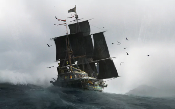 HD PC desktop wallpaper featuring a ship from the movie The Sea Beast sailing through foggy, turbulent waters under dark skies with seagulls flying nearby.