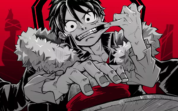 HD desktop wallpaper featuring Monkey D. Luffy from the anime One Piece, in a dynamic pose with a red background.
