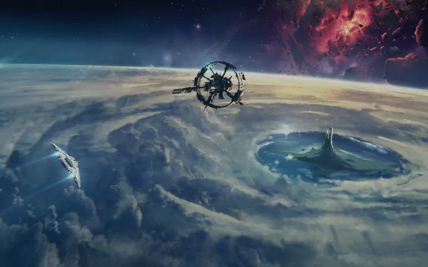 HD desktop wallpaper featuring space station and spaceships from The Cycle: Frontier game, with vibrant interstellar clouds and planet backdrop.