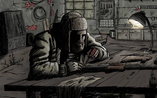 HD desktop wallpaper featuring a somber scene from Escape From Tarkov with a character resting at a desk in a dimly lit room.