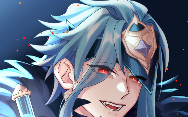 HD PC desktop wallpaper featuring Il Dottore from the video game Genshin Impact with striking blue hair and a confident expression.