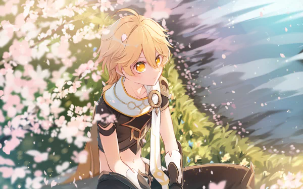 Aether from Genshin Impact sits contemplatively by a riverbank with cherry blossoms falling around him in this HD PC desktop wallpaper from the video game Genshin Impact.