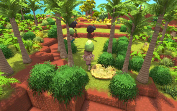 Dinkum game HD wallpaper featuring a character exploring a vibrant, tropical island environment with palm trees and lush greenery.
