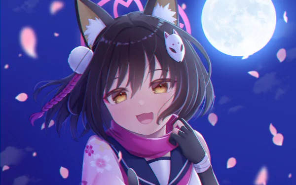 Kuda Izuna from the video game Blue Archive smiles under a full moon, fox ears and mask, pink scarf and falling cherry petals — HD PC desktop wallpaper/background