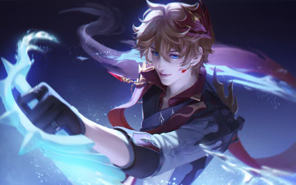 Dynamic 4K Ultra HD PC wallpaper of Tartaglia (Childe) from the video game Genshin Impact, casting Hydro power with swirling blue energy against a dark, starry background.