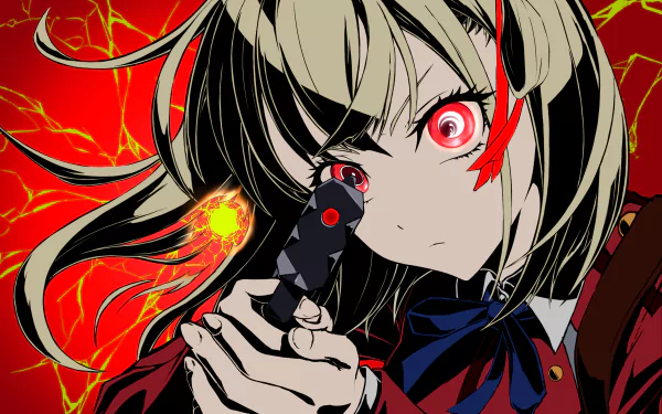 HD PC desktop wallpaper of Chisato Nishikigi (Lycoris Recoil) — anime close-up with red eyes, handgun raised, intense expression against a swirling red and black background.