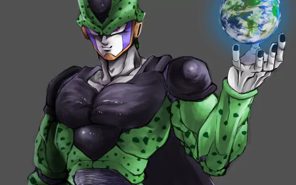 Cell (Dragon Ball) anime artwork holding a glowing Earth against a dark gray backdrop — 2K Quad HD PC desktop wallpaper/background.