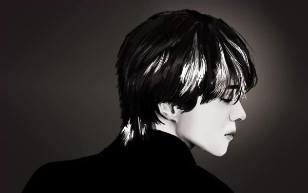 Digital art of J-Hope (Jung Hoseok) from BTS in a monochrome profile, designed as a 4K Ultra HD PC desktop wallpaper celebrating music and the artist.