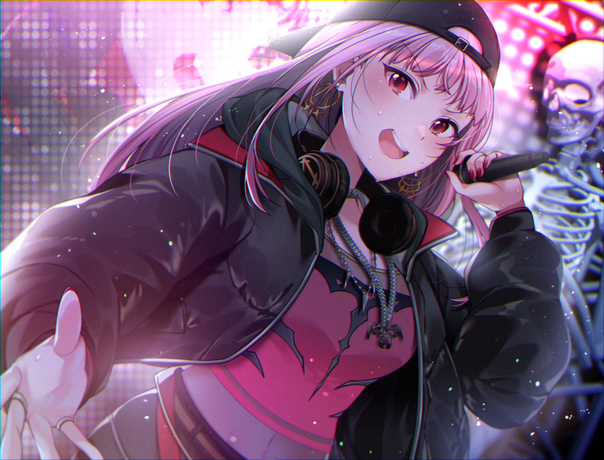 HD PC desktop wallpaper featuring Mori Calliope from hololive as an anime-style Virtual YouTuber, holding a microphone with a vibrant, dynamic backdrop.