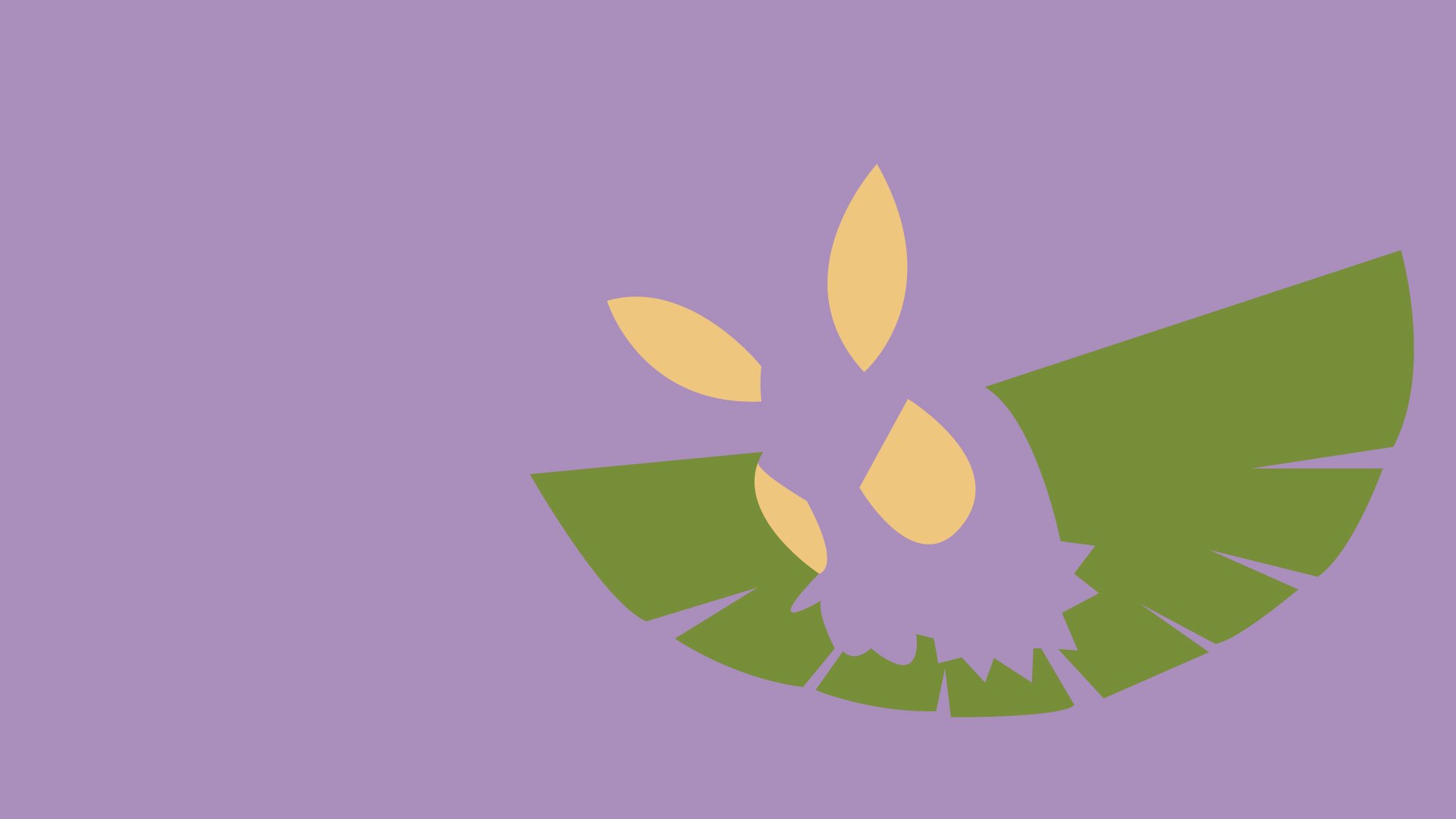 Minimalist HD desktop wallpaper featuring the Bug Pokémon Dustox with stylized green wings and yellow antennae on a purple background, inspired by anime art.