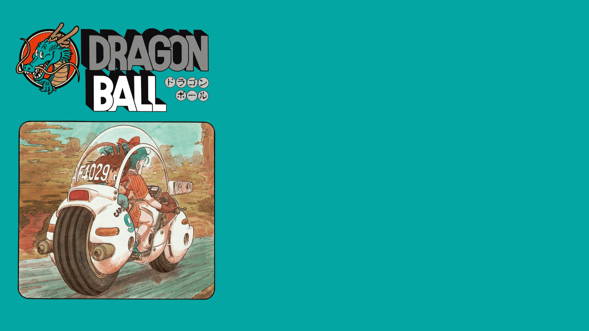 4K Ultra HD Dragon Ball anime wallpaper featuring Goku and Bulma with a retro motorcycle, set against a vibrant, stylized background.