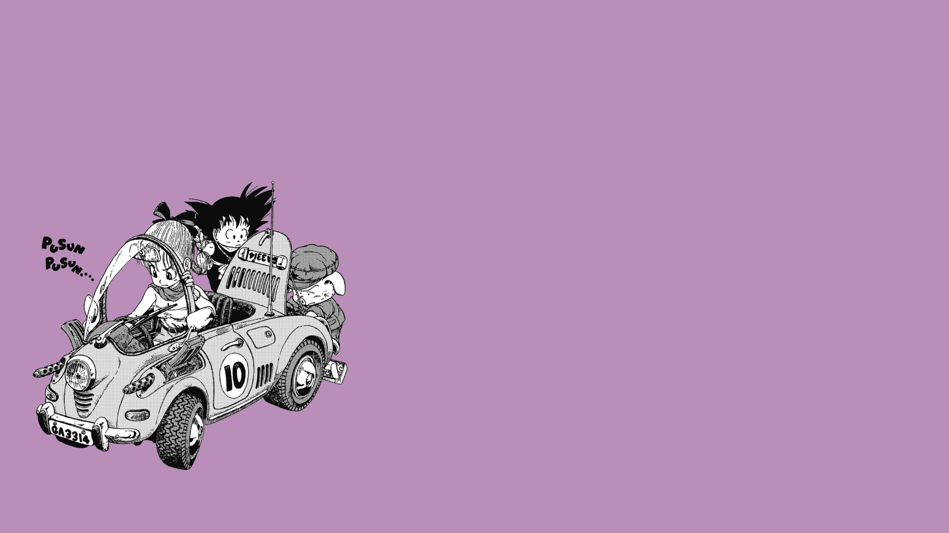 5K Ultra HD PC desktop wallpaper: monochrome sketch of Bulma, Goku and Oolong piled into a tiny race car on a solid purple background — Dragon Ball anime artwork.