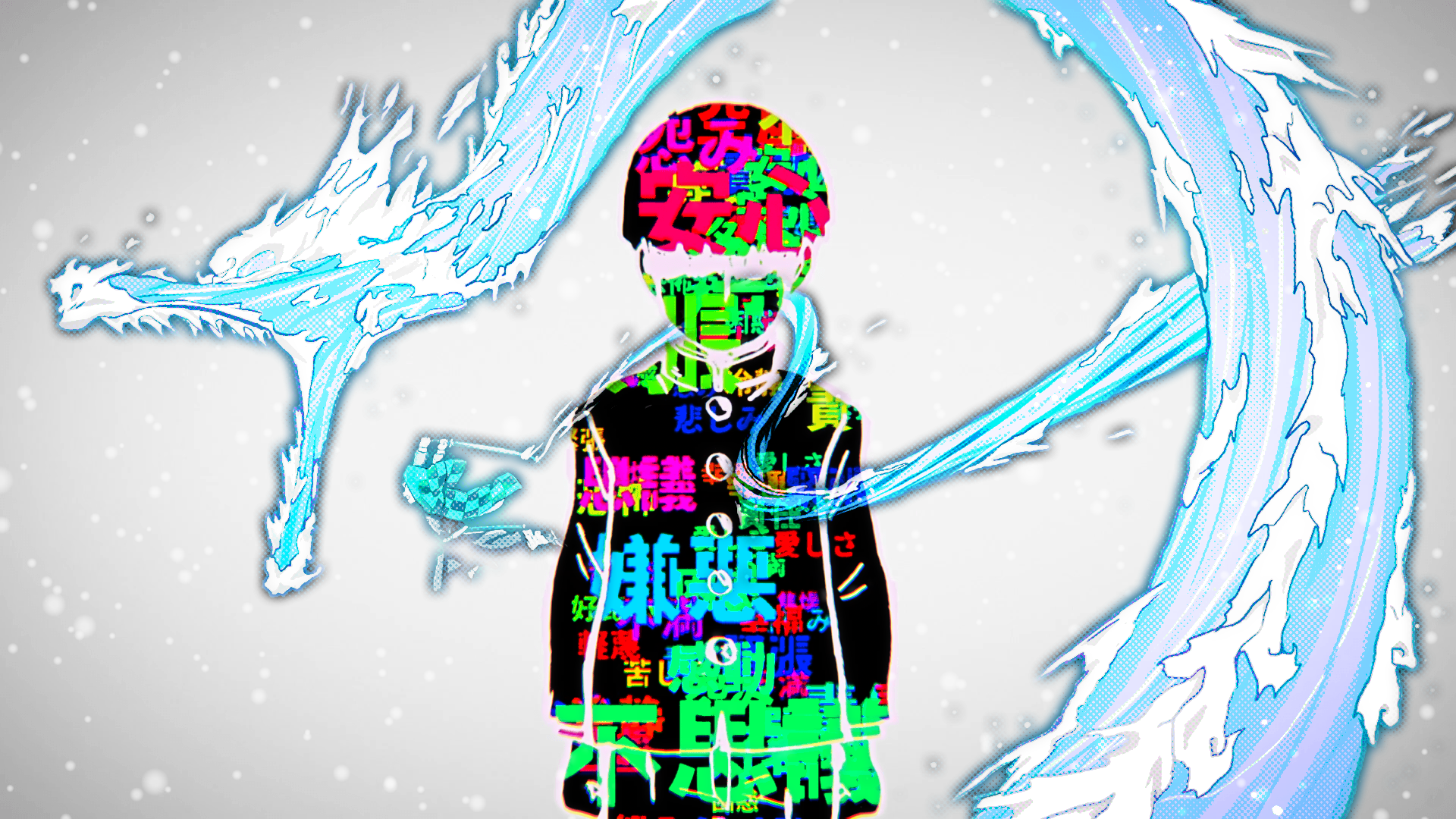 HD PC desktop wallpaper featuring a vibrant, glitch-art style character from Mob Psycho 100 with water effects, inspired by Demon Slayer: Kimetsu no Yaiba aesthetics.