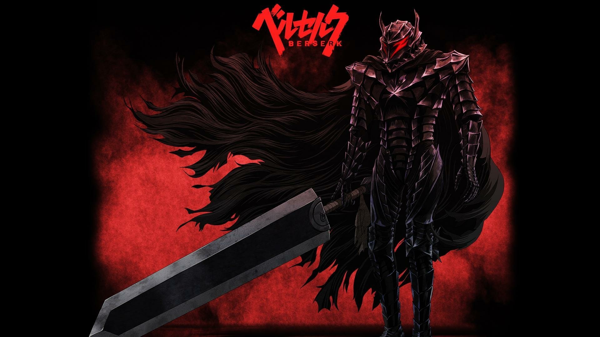 HD PC desktop wallpaper featuring an abstract, dark-themed Berserk character wielding a massive sword against a red and black background.