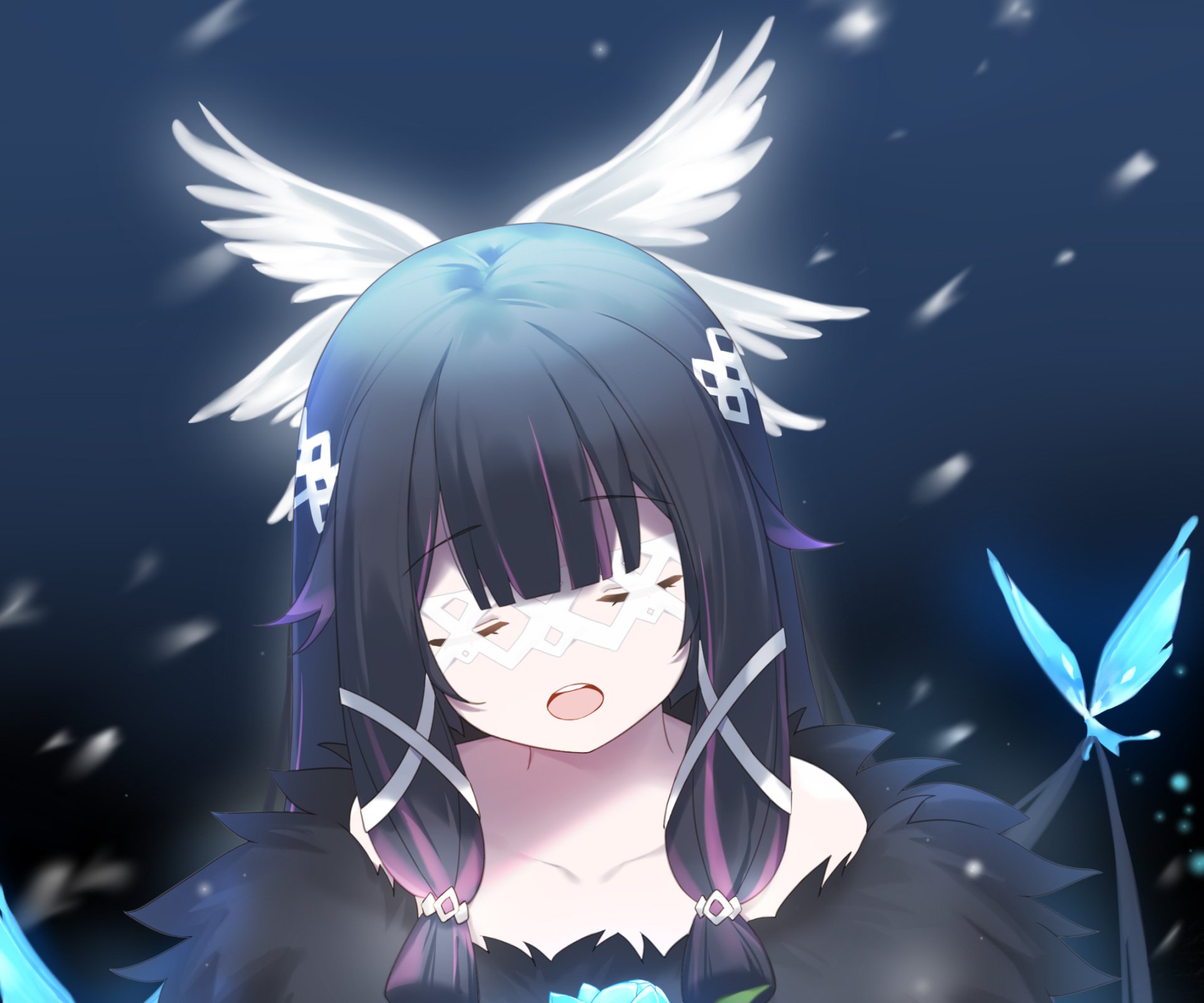 Columbina (Genshin Impact) close-up portrait with glowing angelic wings, drifting feathers and a blue butterfly — HD PC desktop wallpaper and background.