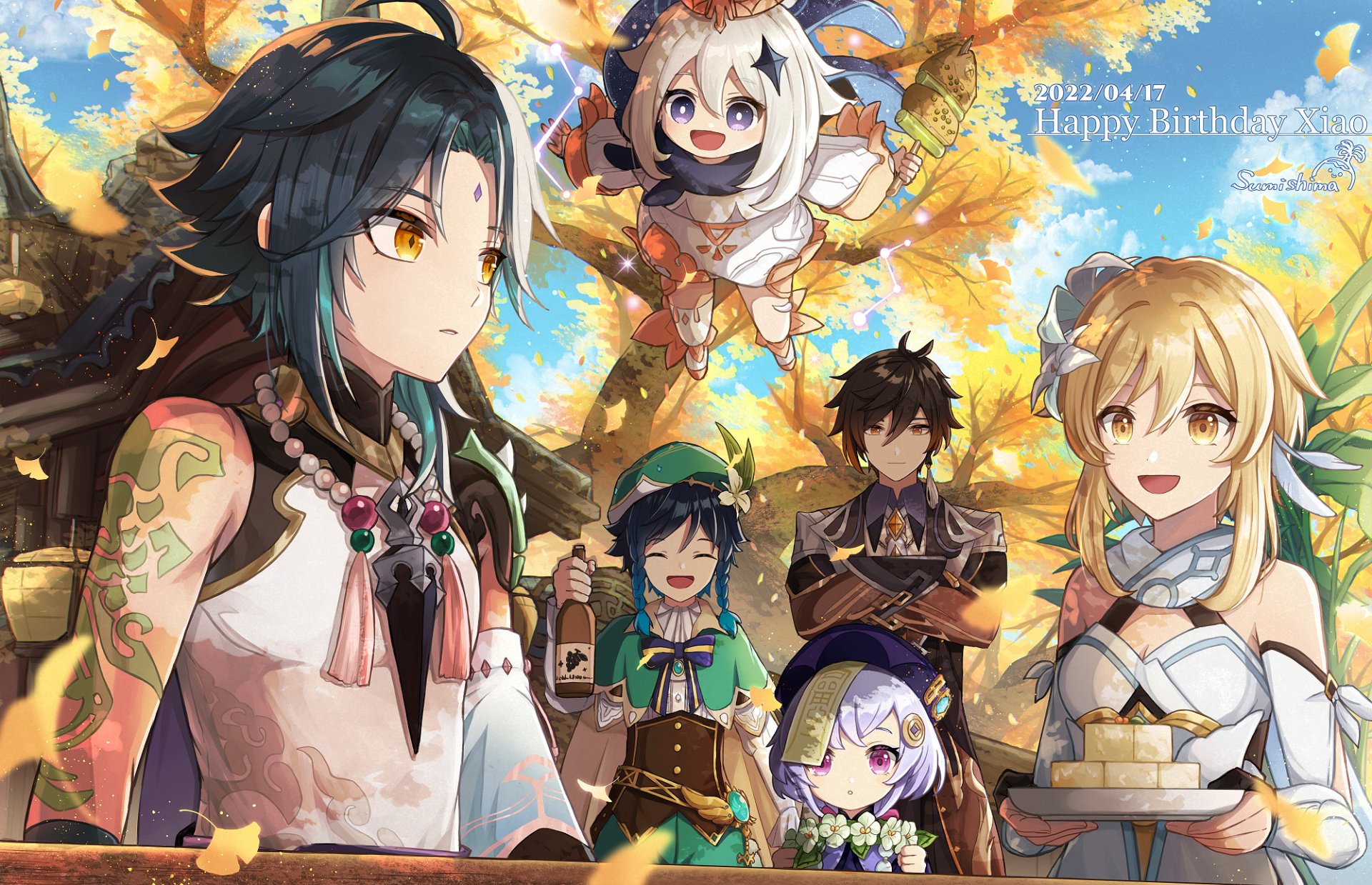 HD PC desktop wallpaper featuring Venti, Zhongli, Paimon, Lumine, and Xiao from the video game Genshin Impact in a vibrant autumn setting.