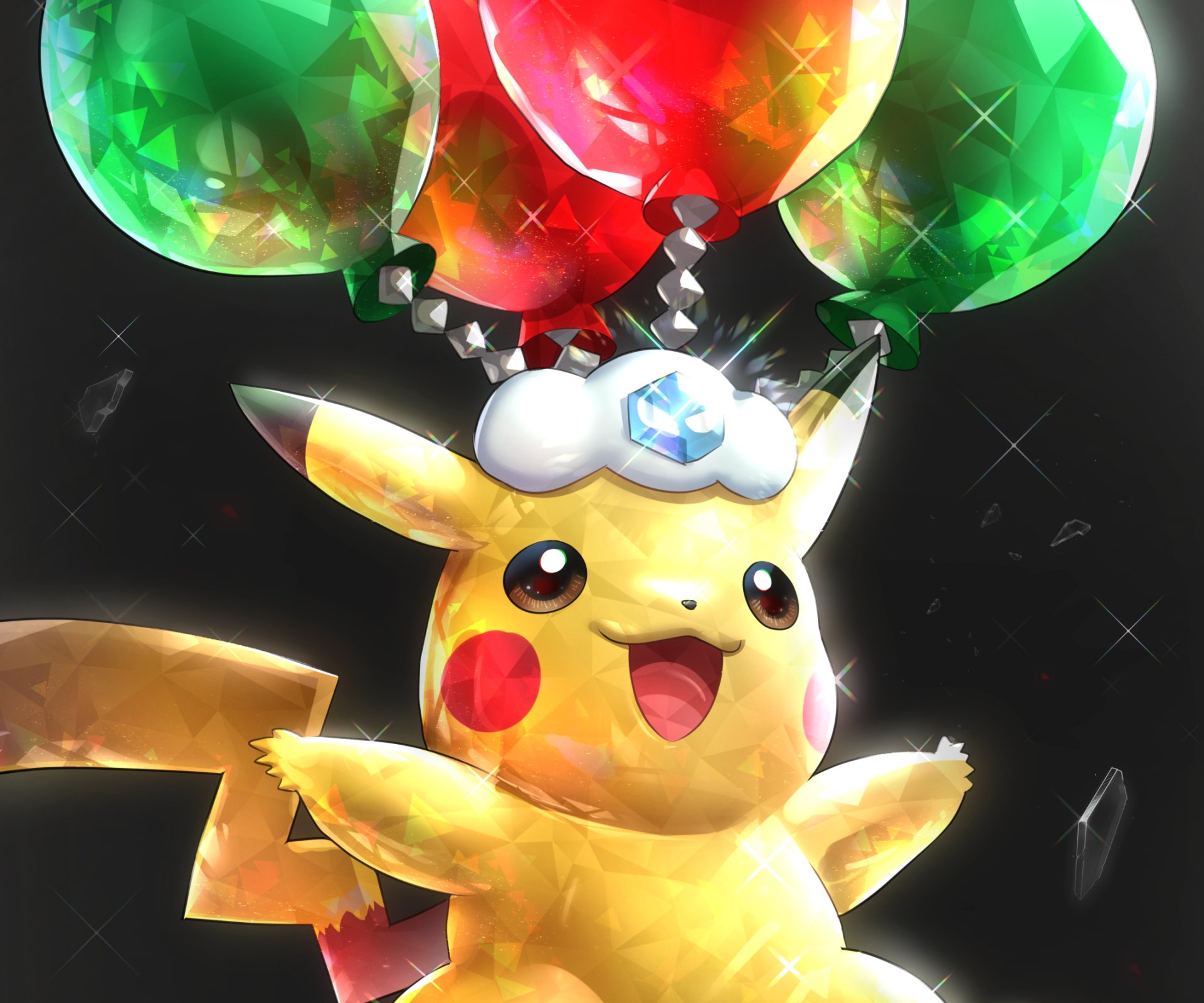 HD PC desktop wallpaper featuring Pikachu from Pokémon: Scarlet and Violet with colorful balloons and a festive hat.
